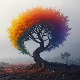 a rainbow colored tree in the fog with water