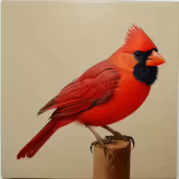 the red bird with a black head is perched on a post