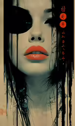 the woman is wearing orange lips and dark hair