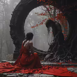 a woman is sitting on the floor with a body of water