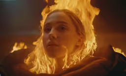 a woman with blonde hair and smoke in the background