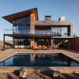 a large swimming pool next to a large house