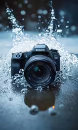 the black camera is sitting under water