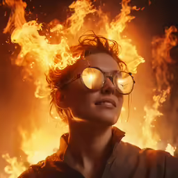 a woman in front of a fire and flames background wearing glasses