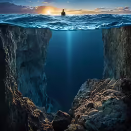 a person floating through the water near a large crack in the ground