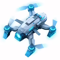 a small, flying, silver airplane with blue lights