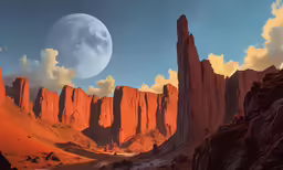 a view of the moon setting in the middle of an arid area