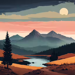 this is a painting of a beautiful view with mountains in the background,a large painting that is on top of a mountain