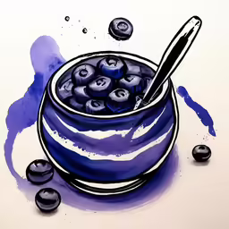 a painting of blueberries in a bowl with spoon