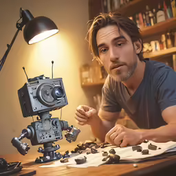 a man leaning over a desk in front of a camera