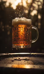 a mug of beer sprinkled with water sits in front of a forest