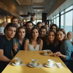 a group of people sitting around a yellow table