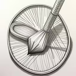 this drawing shows a large brush in the middle of a spinning wheel with a small whisk in the center,a drawing of a tooth brush and toilet brush inside a circle on the ground,a drawing of a mop on a wheel on paper,a drawing of a broom inside of a circular container,a pen drawing of a cleaning brush and soap sponge,,