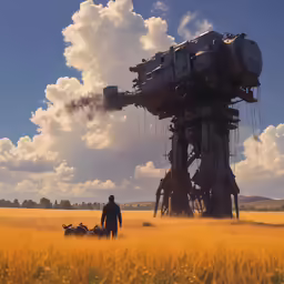 a man standing on a wheat field next to an industrial structure