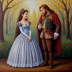 an oil painting of shakespeare and elizabeth in blue dresses,a man and a woman dressed as medieval rulers
