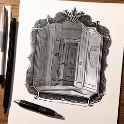 a black and white drawing of a bathroom with a mirror