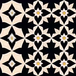 a black background with various shapes and colors,a flower pattern on a black background,an elaborate pattern in black and white with a yellow center,the black background is covered with an abstract pattern of white and yellow flowers,several white flower designs in an artistic pattern