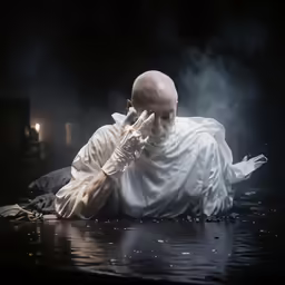 a male in a white shirt lying on a dark surface with smoke pouring from his head