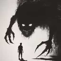an illustrated image of a person walking in front of a demonic monster
