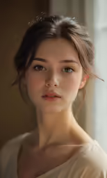 a close up shot of a woman in a white shirt