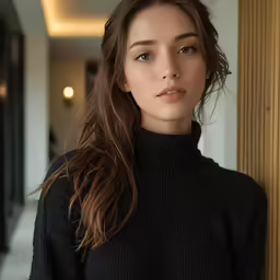 a beautiful woman with long hair leaning against the wall