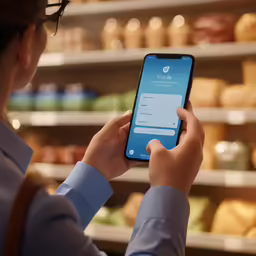 a woman is checking her smartphone while shopping for food
