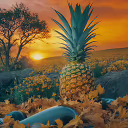 a pineapple standing on leaves in front of a sunset