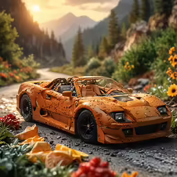 an orange sports car sits on the ground