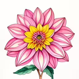 a flower with a very large leaf on it,a large pink flower with yellow and white flowers,a watercolor painting of a pink flower with yellow center,a drawing of a pink and yellow flower,a drawing of a pink flower with yellow centers