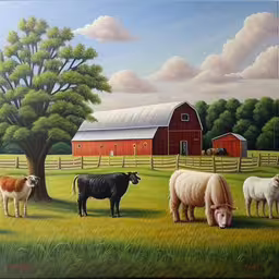some animals are standing in a grassy field with a barn,a farm scene painting of sheep and goats next to a barn