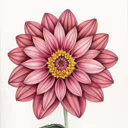 a drawing of a flower with pink petals,a pink flower with two leaves in the center,the large pink flower is growing from the stem,an image of a large pink flower with a yellow center,a watercolor drawing of a large pink flower with leaves