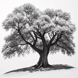 a large, black and white tree with its leaves on the top