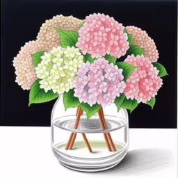 a painting of flowers is shown with two paintbrushes,a glass bowl containing a bouquet of flowers