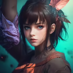 a 3d image of a young woman with butterfly decorations on her head