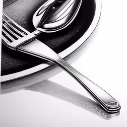 black and white photo with a silver fork sitting on a table