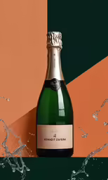 bottle of wine sitting on top of an orange and green background
