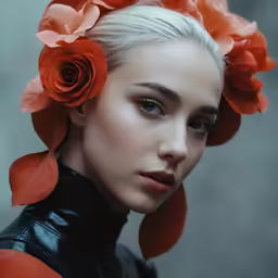 a woman with blonde hair and leather clothes is wearing flowers in her hair
