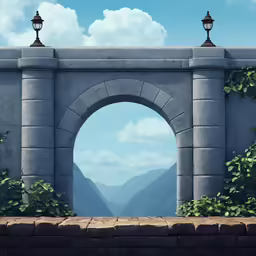 a painting of an arch over looking the valley below