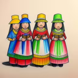 a group of women with hats on them,four children in brightly colored long dresses and hats
