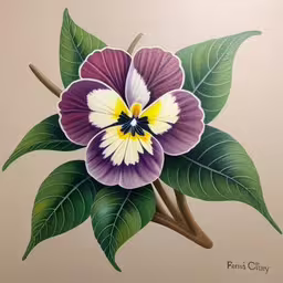 a painting of flowers that have been painted onto a wall,a painting of a purple and white flower with green leaves