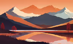 a painting with a mountain reflection in the water,a painting with many colors and trees in the background