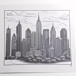 a drawing of a city in a print style