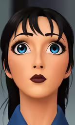 a woman in a blue shirt is wearing blue eyes