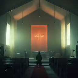 two people standing in a church looking out towards the floor
