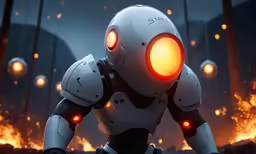 an animated robot walking in a city at night