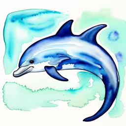 blue dolphin drawing, with large watercolor splashes,a drawing of a dolphin with his head sticking out of the water