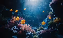 several small yellow fish swim around an aquarium
