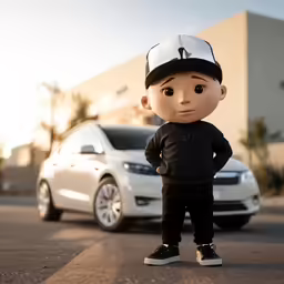 the young child in the black t - shirt is standing in front of a small white car