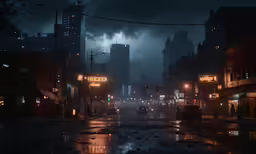 dark city with a rain storm approaching, in the evening