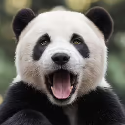 a panda bear is laughing and posing for the camera